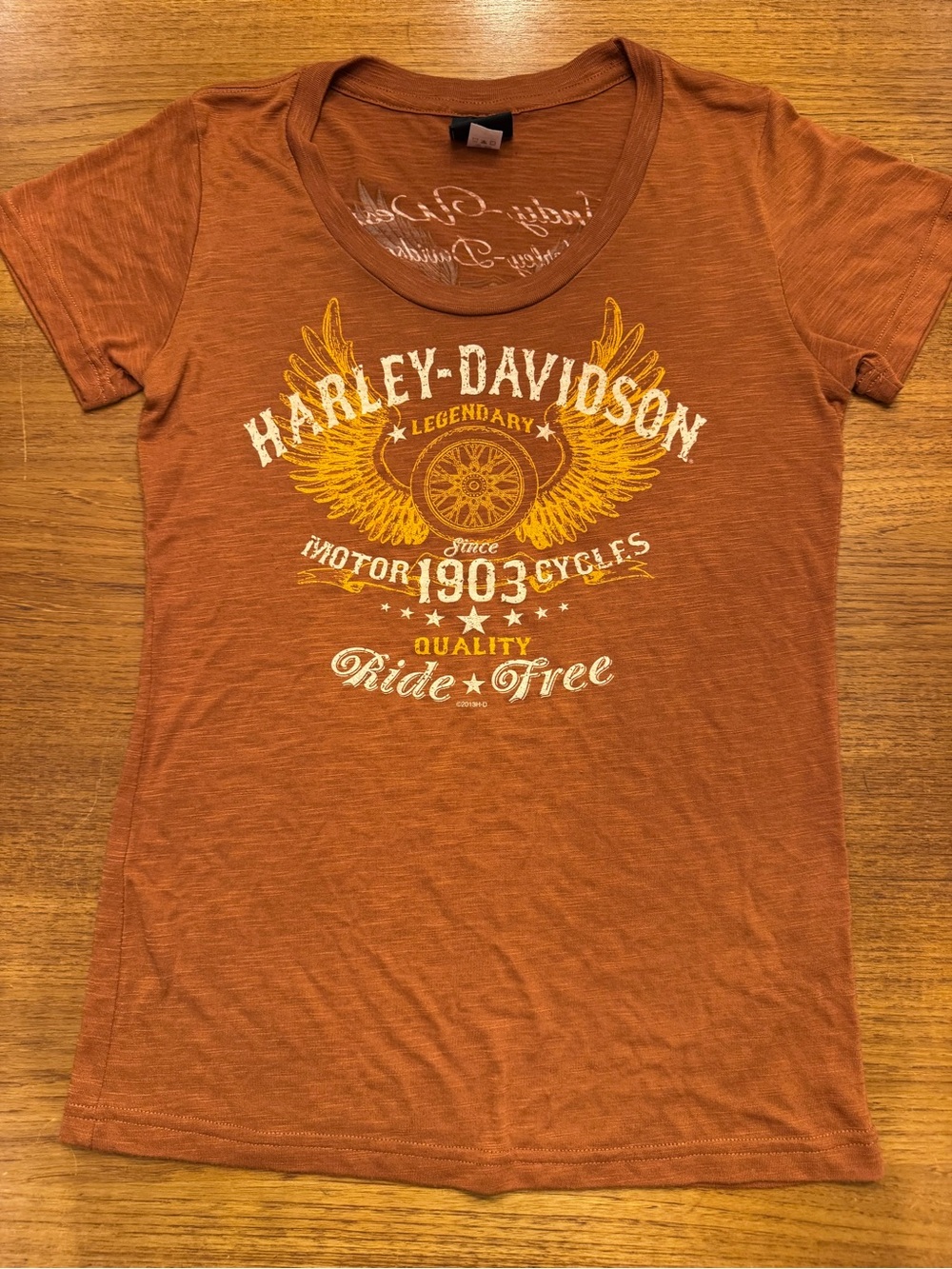 Harley-Davidson Women's LSlub Knit Burnt Orange Tee Ride Free Legendary 1903